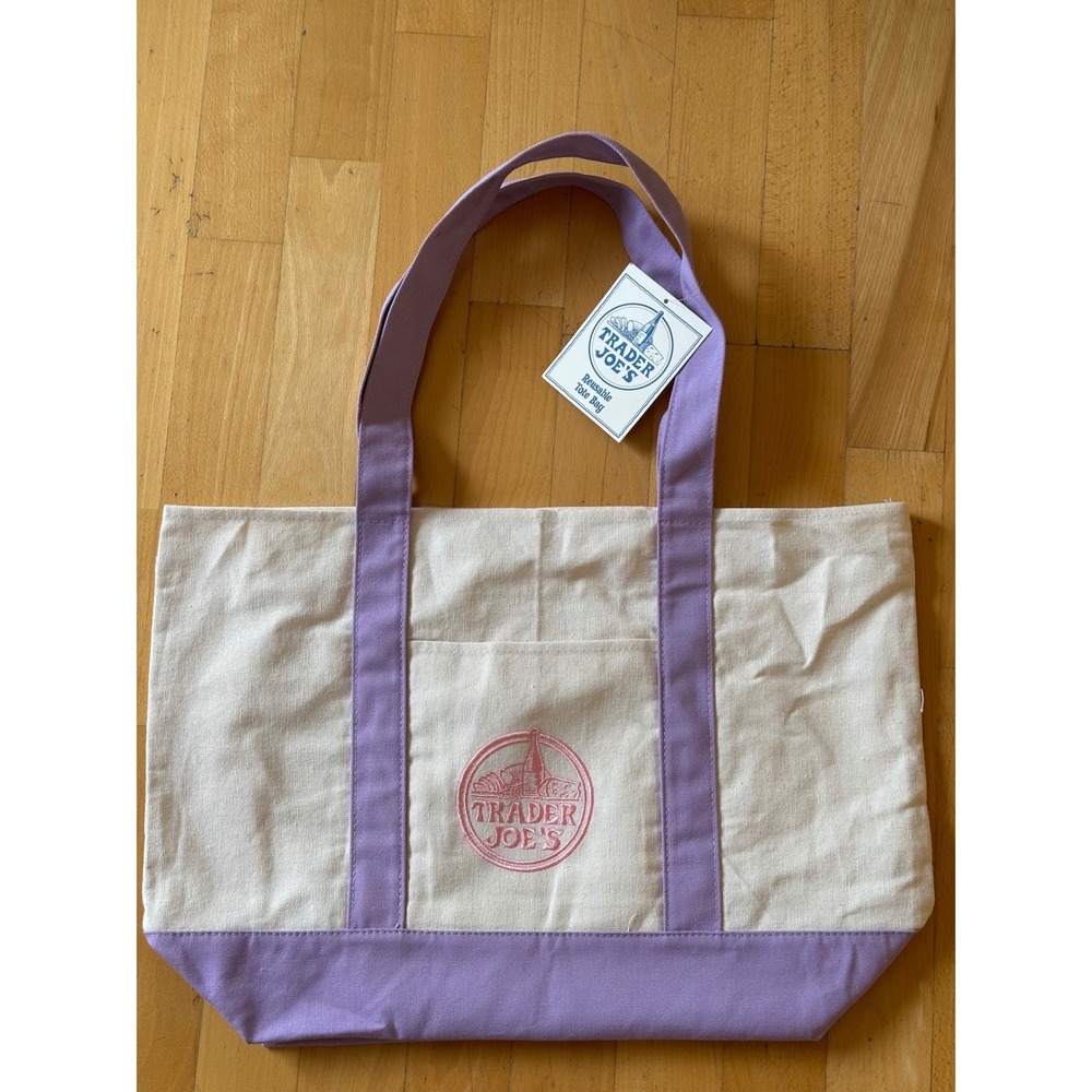 Trader Joes Reusable Canvas Tote Bag Lavender Purple Cream Embroidered Logo NWT